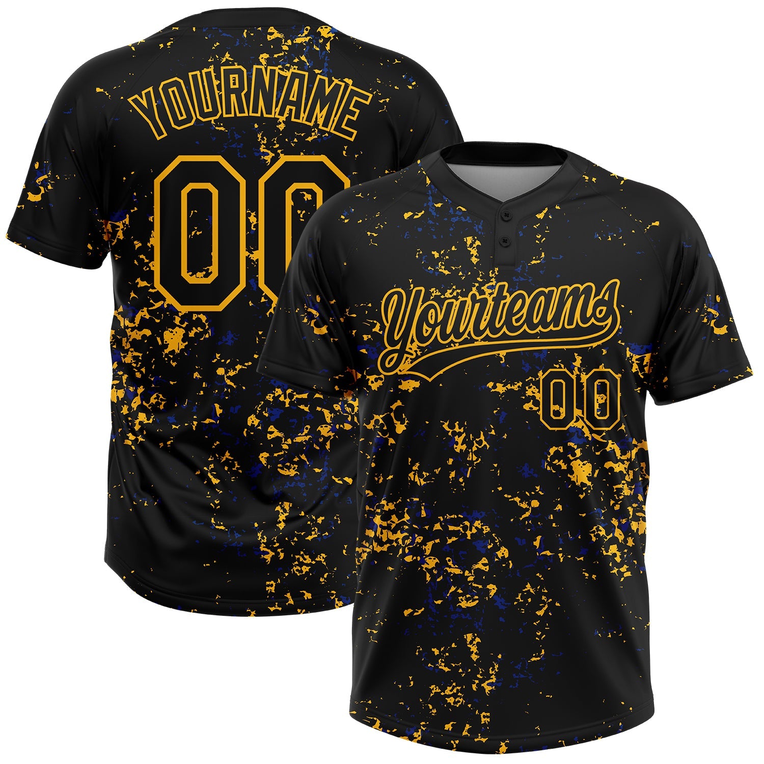 Custom Black Gold-Royal Abstract Shattered Paint Splatter Two-Button Unisex Softball Jersey - Main View
