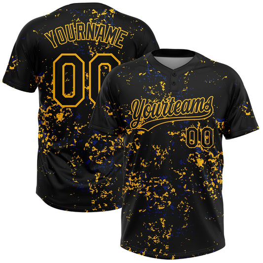 Custom Black Gold-Royal Abstract Shattered Paint Splatter Two-Button Unisex Softball Jersey - Main View