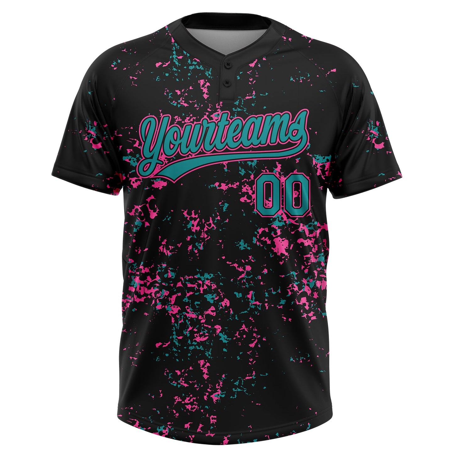 Custom Black Teal-Pink Abstract Shattered Paint Splatter Two-Button Unisex Softball Jersey view 2