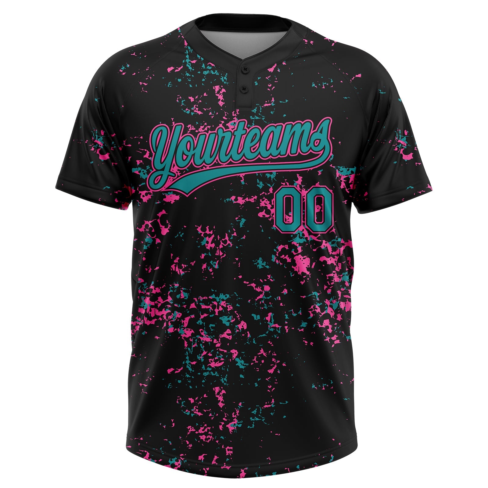 Custom Black Teal-Pink Abstract Shattered Paint Splatter Two-Button Unisex Softball Jersey view 2