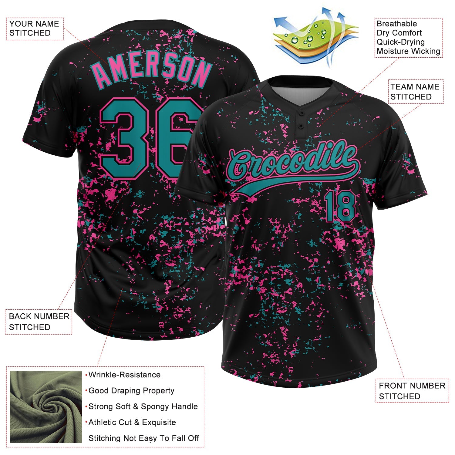 Custom Black Teal-Pink Abstract Shattered Paint Splatter Two-Button Unisex Softball Jersey view 3