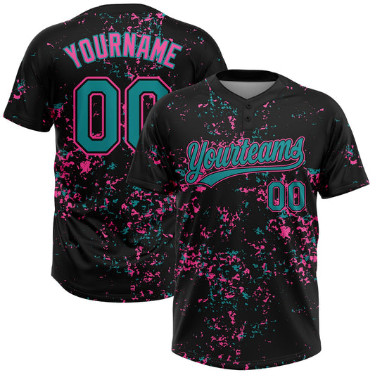 Custom Black Teal-Pink Abstract Shattered Paint Splatter Two-Button Unisex Softball Jersey - Main View