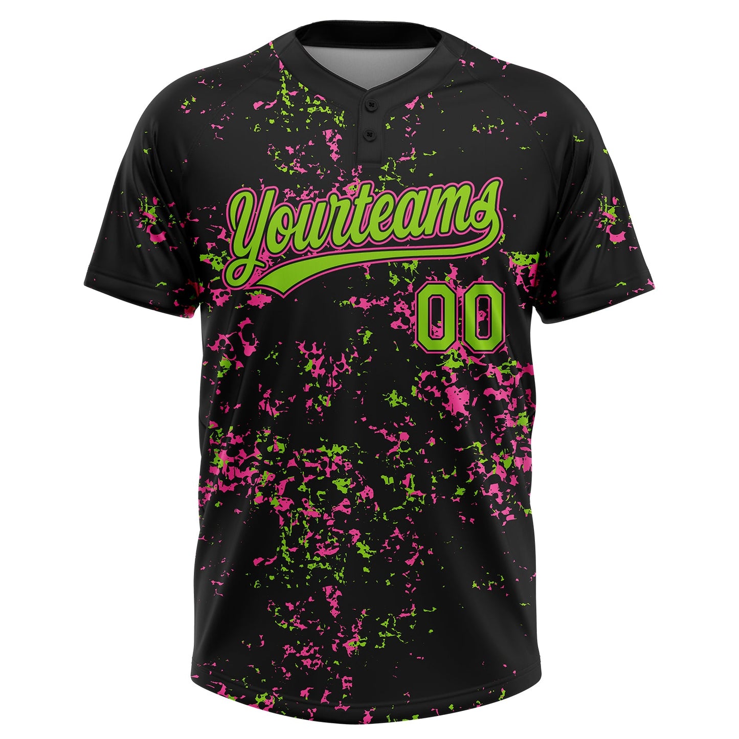 Custom Black Neon Green-Pink Abstract Shattered Paint Splatter Two-Button Unisex Softball Jersey view 2