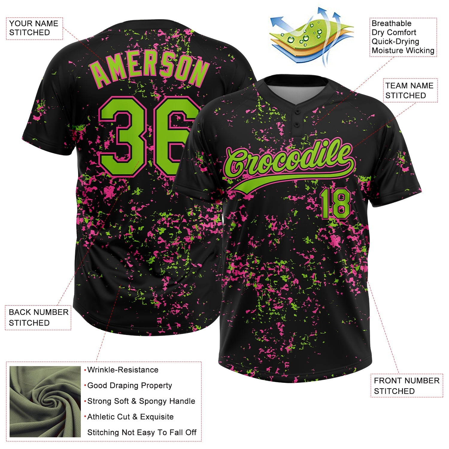 Custom Black Neon Green-Pink Abstract Shattered Paint Splatter Two-Button Unisex Softball Jersey view 3