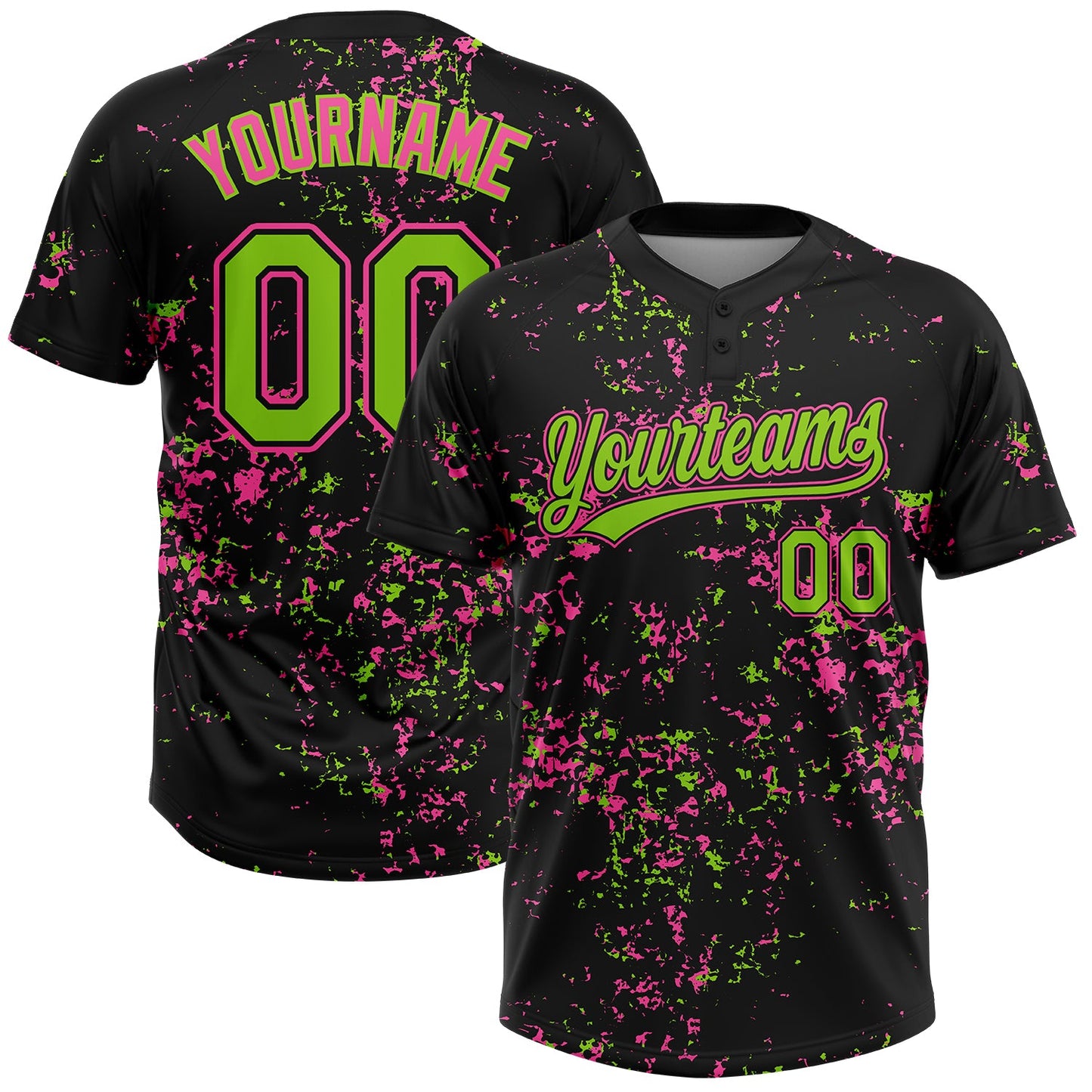 Custom Black Neon Green-Pink Abstract Shattered Paint Splatter Two-Button Unisex Softball Jersey - Main View