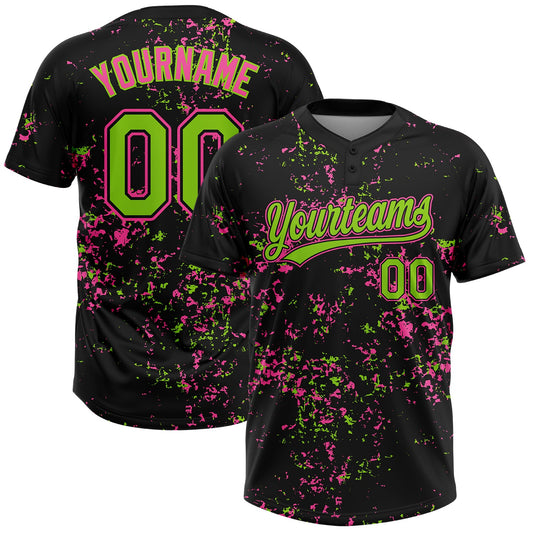 Custom Black Neon Green-Pink Abstract Shattered Paint Splatter Two-Button Unisex Softball Jersey - Main View