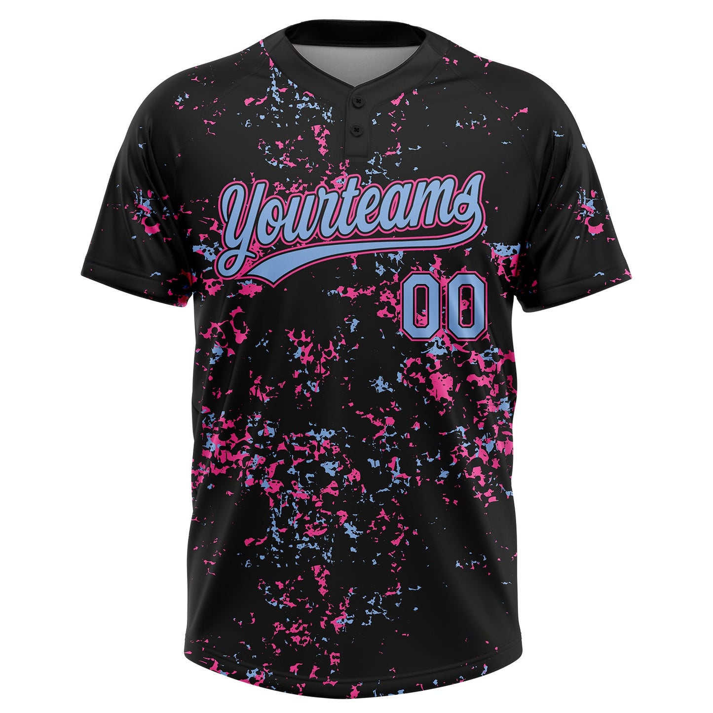 Custom Black Light Blue-Pink Abstract Shattered Paint Splatter Two-Button Unisex Softball Jersey view 2