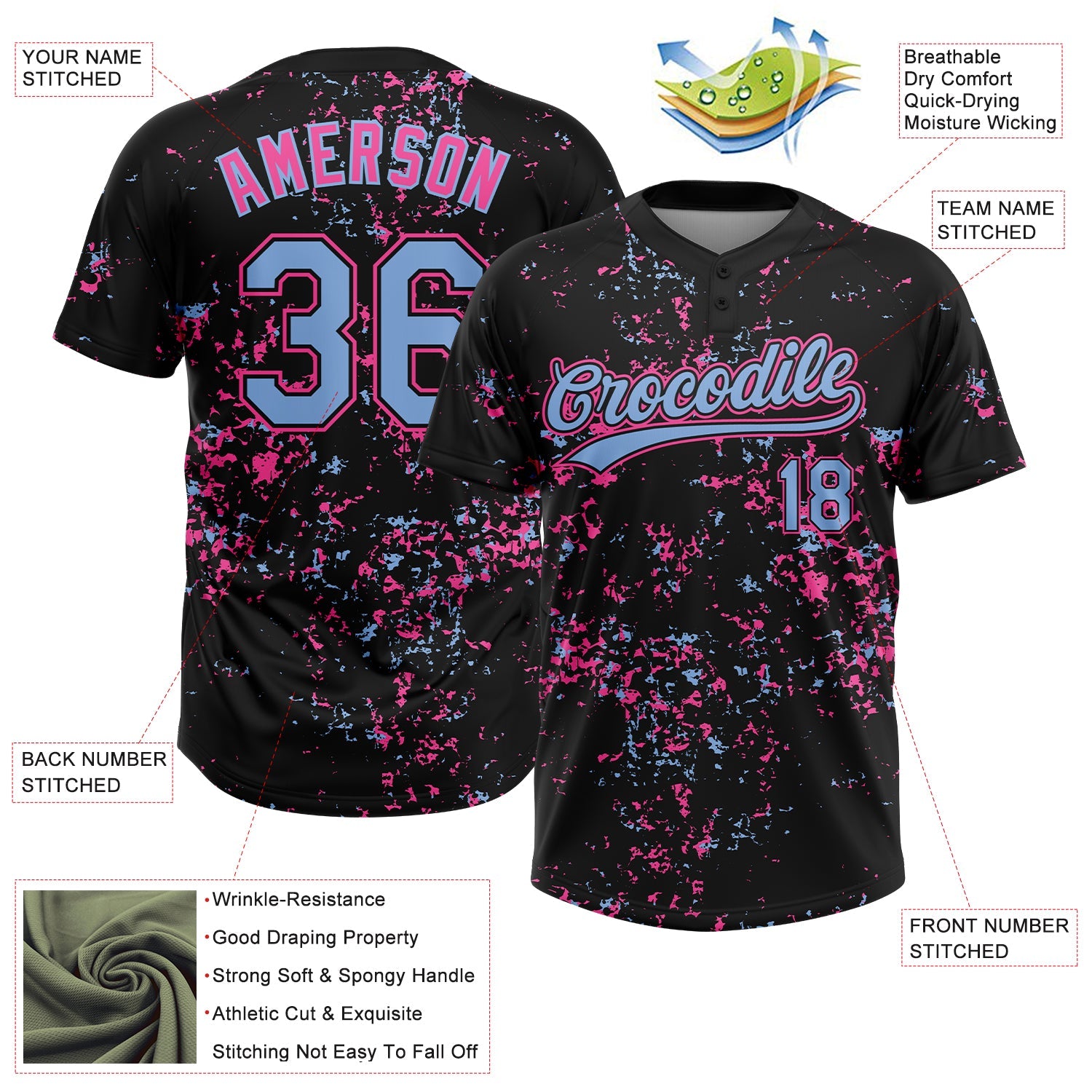 Custom Black Light Blue-Pink Abstract Shattered Paint Splatter Two-Button Unisex Softball Jersey view 3