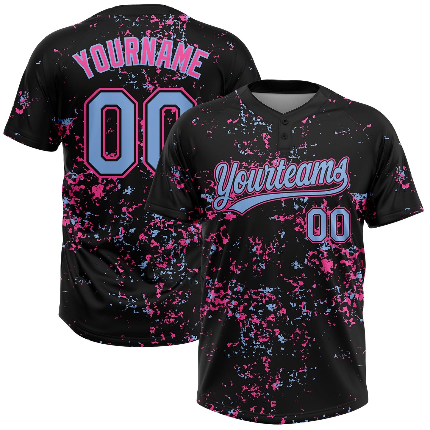Custom Black Light Blue-Pink Abstract Shattered Paint Splatter Two-Button Unisex Softball Jersey - Main View