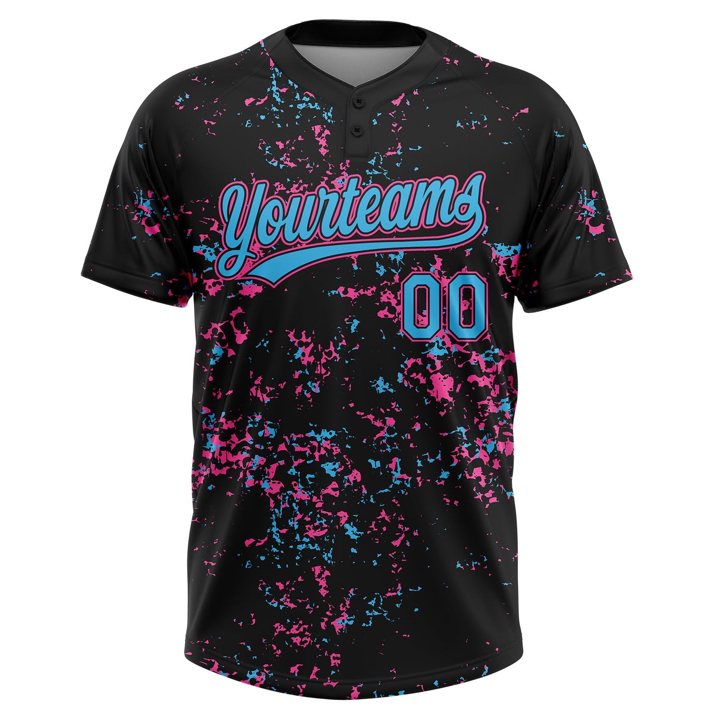 Custom Black Sky Blue Pink-Light Blue Abstract Shattered Paint Splatter Two-Button Unisex Softball Jersey view 2