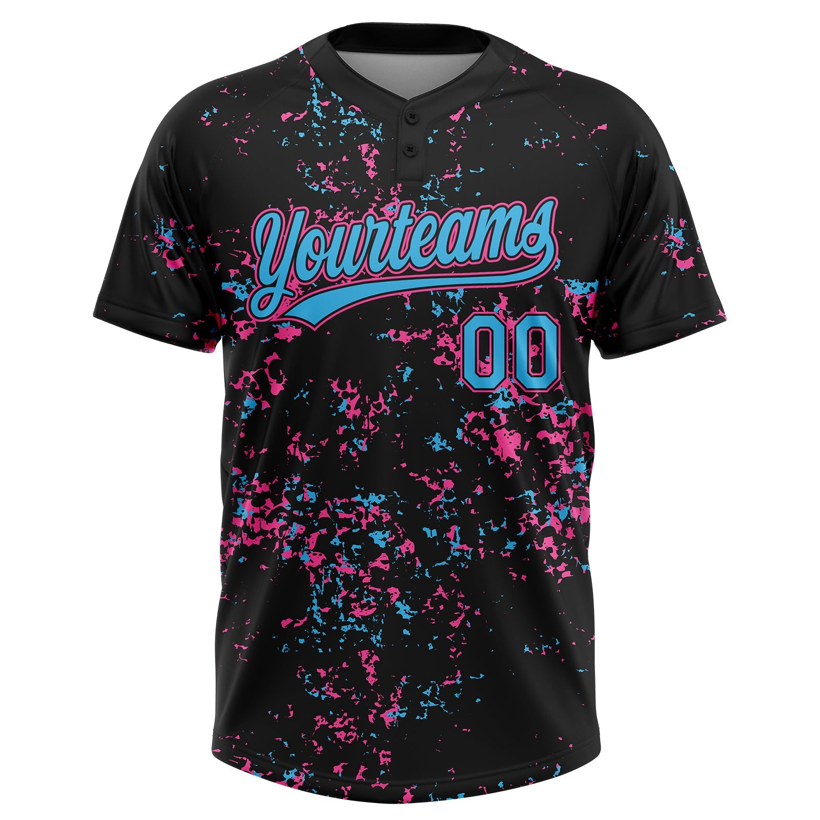 Custom Black Sky Blue Pink-Light Blue Abstract Shattered Paint Splatter Two-Button Unisex Softball Jersey view 2