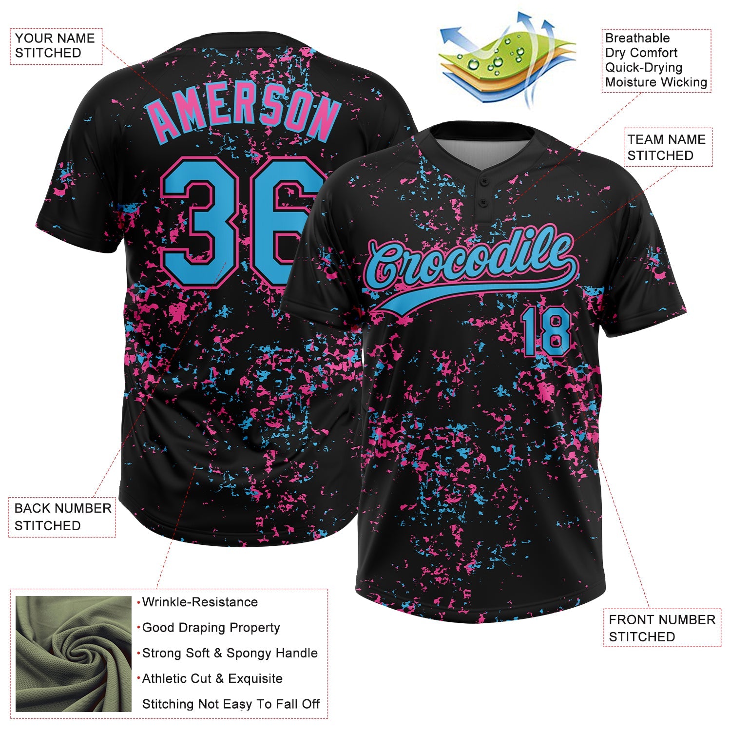 Custom Black Sky Blue Pink-Light Blue Abstract Shattered Paint Splatter Two-Button Unisex Softball Jersey view 3