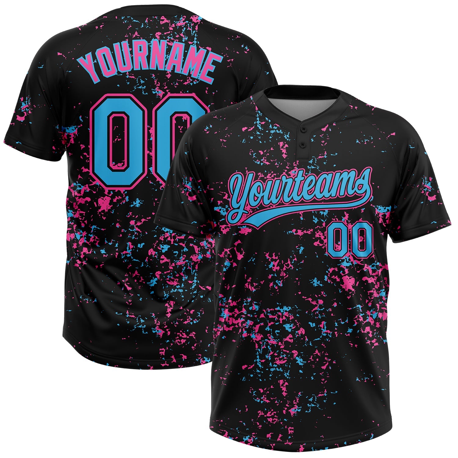 Custom Black Sky Blue Pink-Light Blue Abstract Shattered Paint Splatter Two-Button Unisex Softball Jersey - Main View