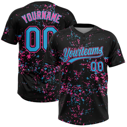 Custom Black Sky Blue Pink-Light Blue Abstract Shattered Paint Splatter Two-Button Unisex Softball Jersey - Main View