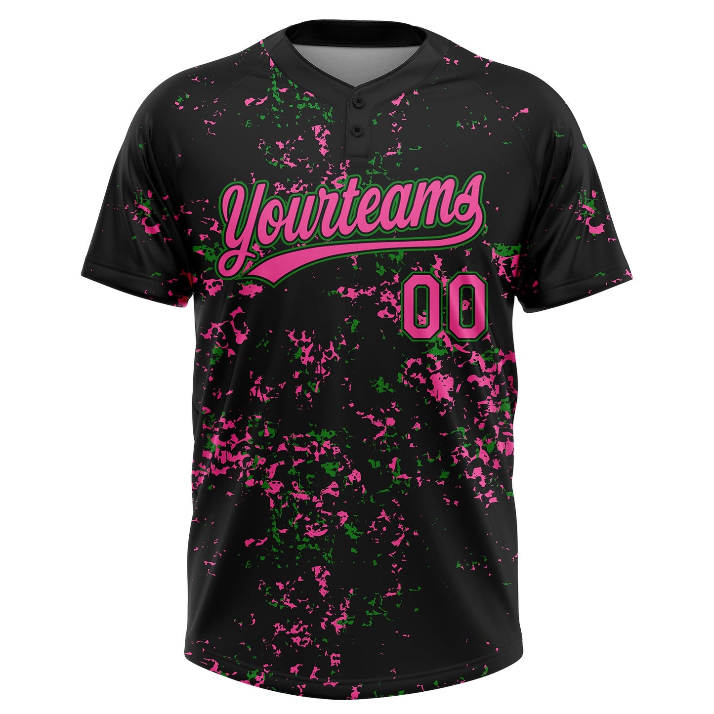 Custom Black Pink-Grass Green Abstract Shattered Paint Splatter Two-Button Unisex Softball Jersey view 2