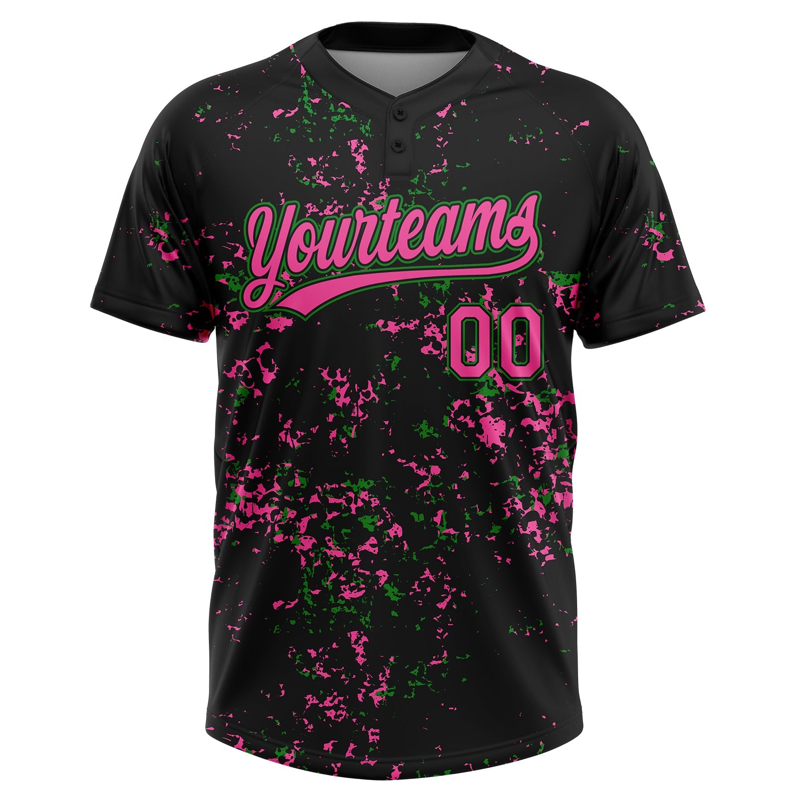 Custom Black Pink-Grass Green Abstract Shattered Paint Splatter Two-Button Unisex Softball Jersey view 2