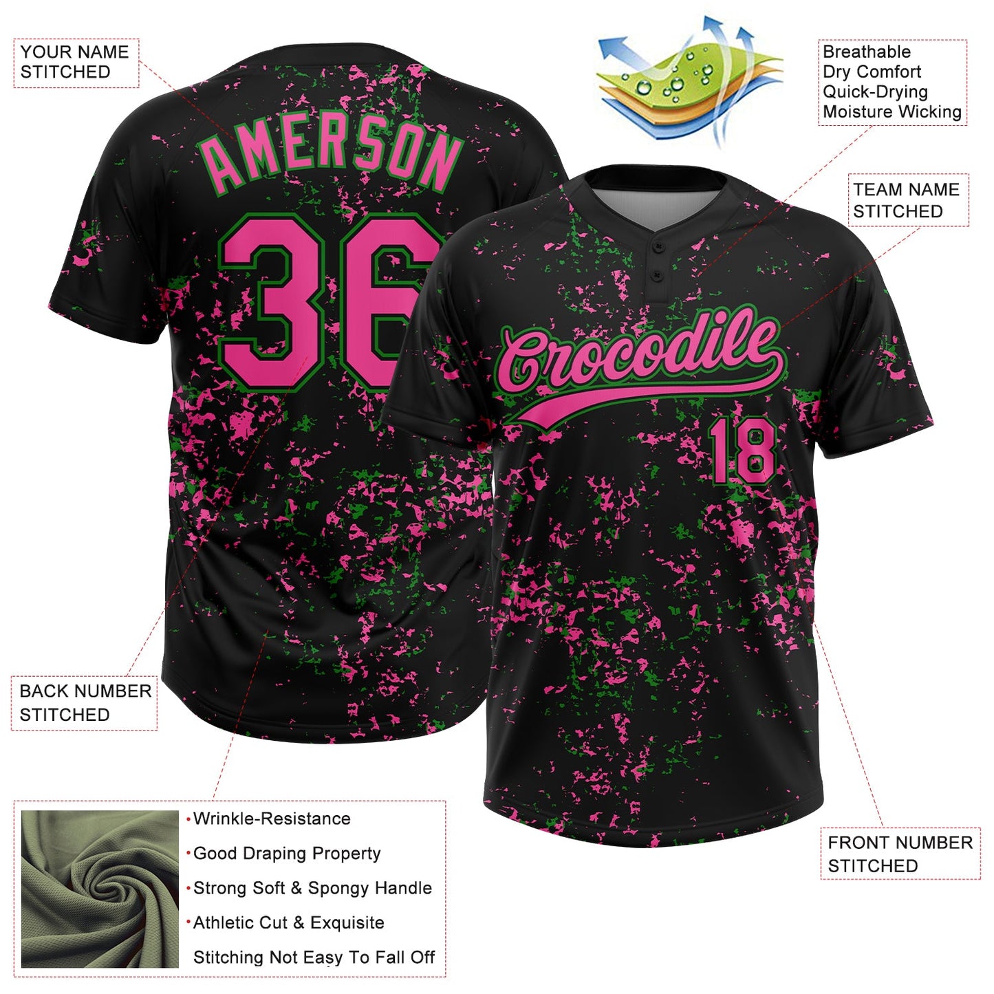 Custom Black Pink-Grass Green Abstract Shattered Paint Splatter Two-Button Unisex Softball Jersey view 3