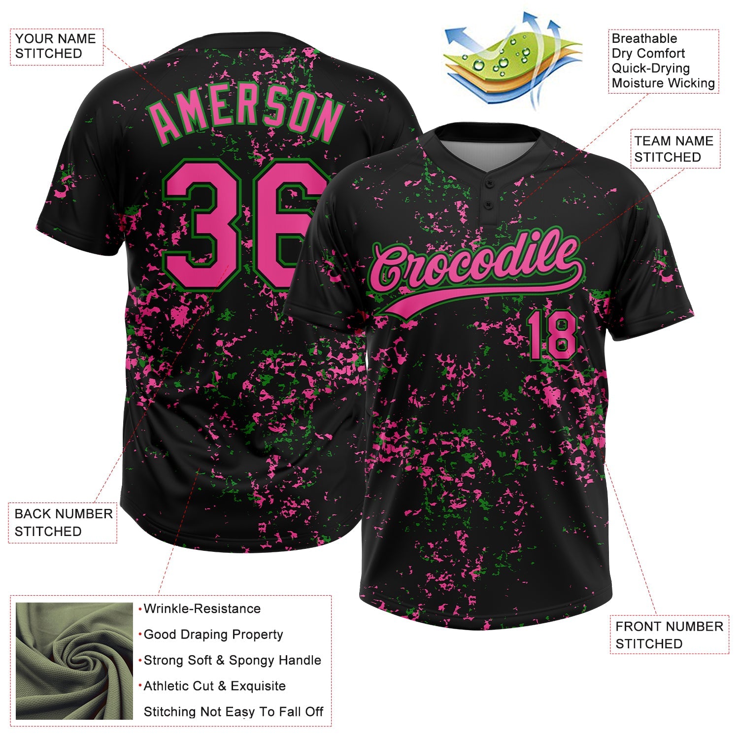 Custom Black Pink-Grass Green Abstract Shattered Paint Splatter Two-Button Unisex Softball Jersey view 3