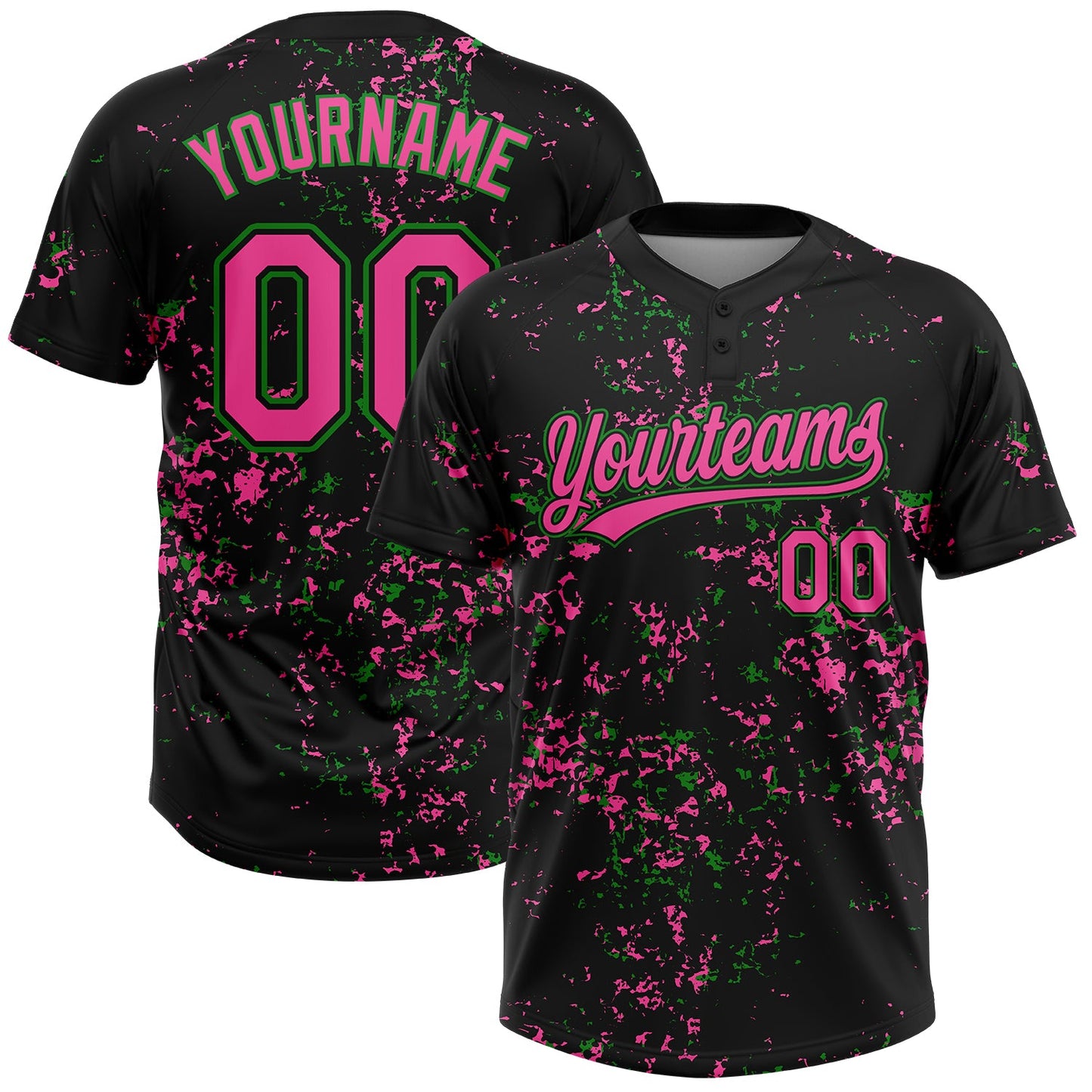 Custom Black Pink-Grass Green Abstract Shattered Paint Splatter Two-Button Unisex Softball Jersey - Main View