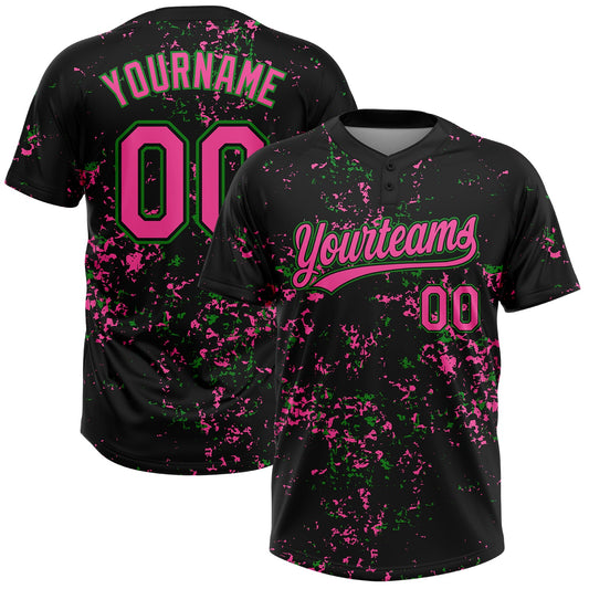 Custom Black Pink-Grass Green Abstract Shattered Paint Splatter Two-Button Unisex Softball Jersey - Main View