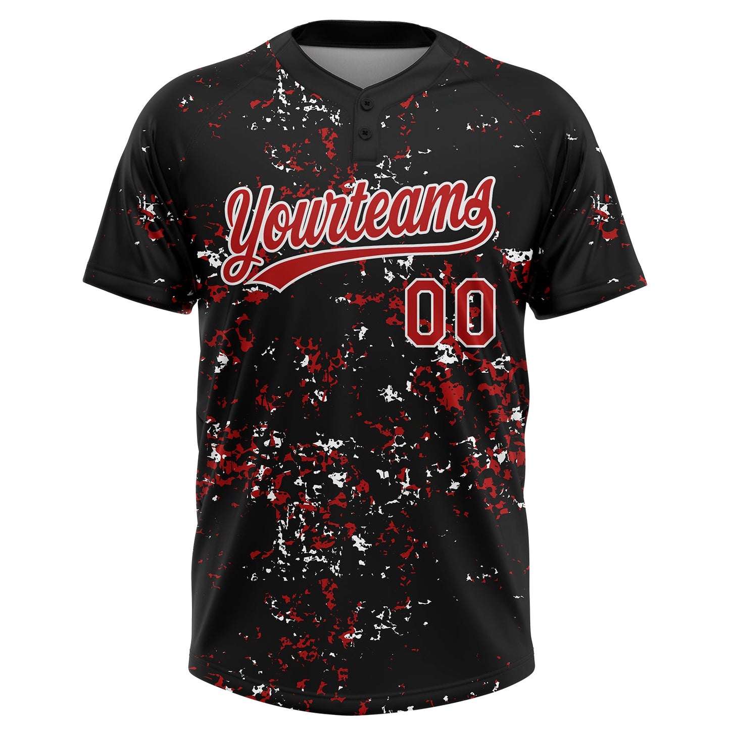 Custom Black Red-White Abstract Shattered Paint Splatter Two-Button Unisex Softball Jersey view 2