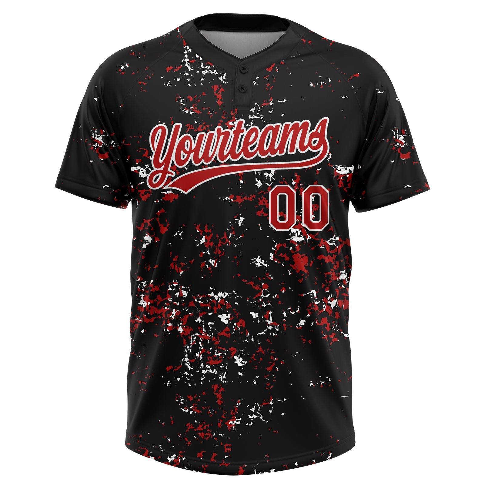 Custom Black Red-White Abstract Shattered Paint Splatter Two-Button Unisex Softball Jersey view 2