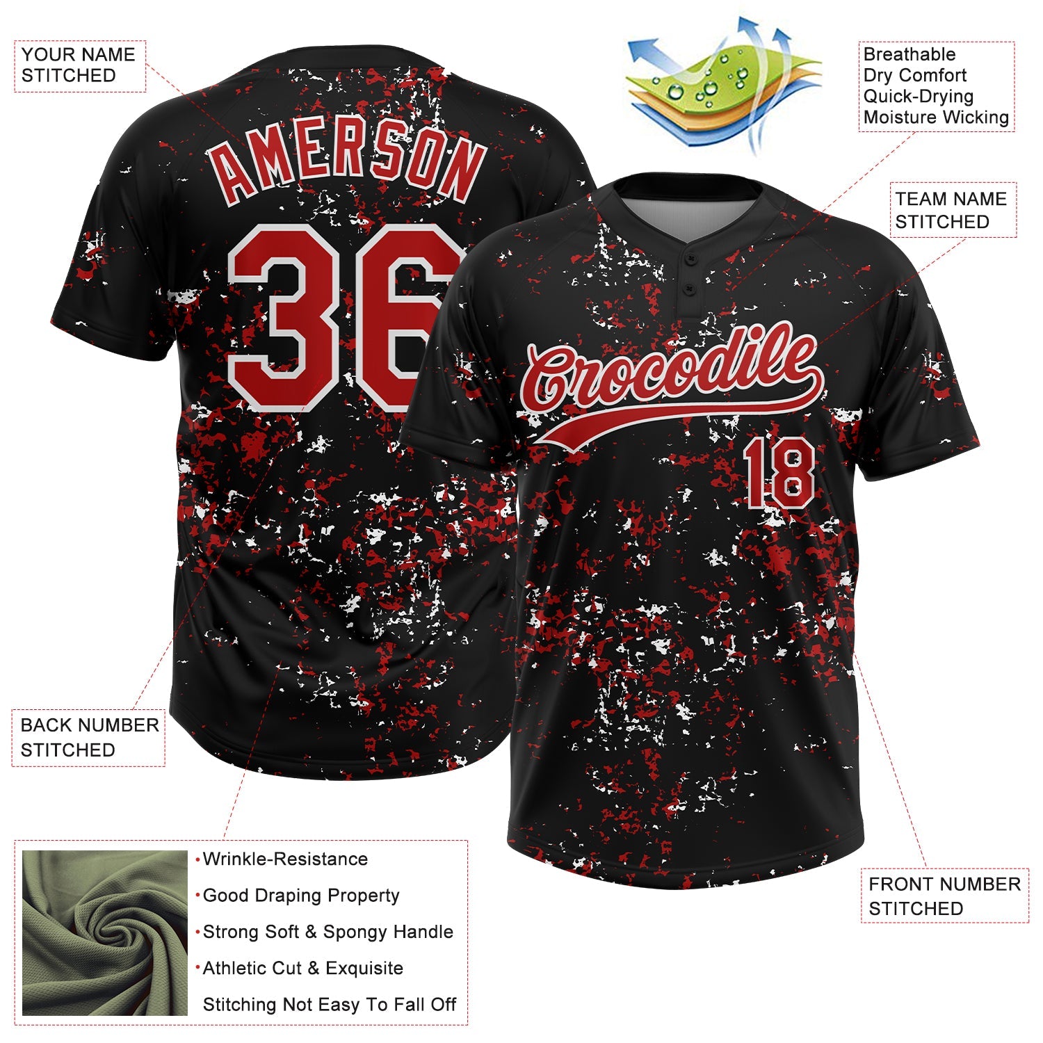 Custom Black Red-White Abstract Shattered Paint Splatter Two-Button Unisex Softball Jersey view 3