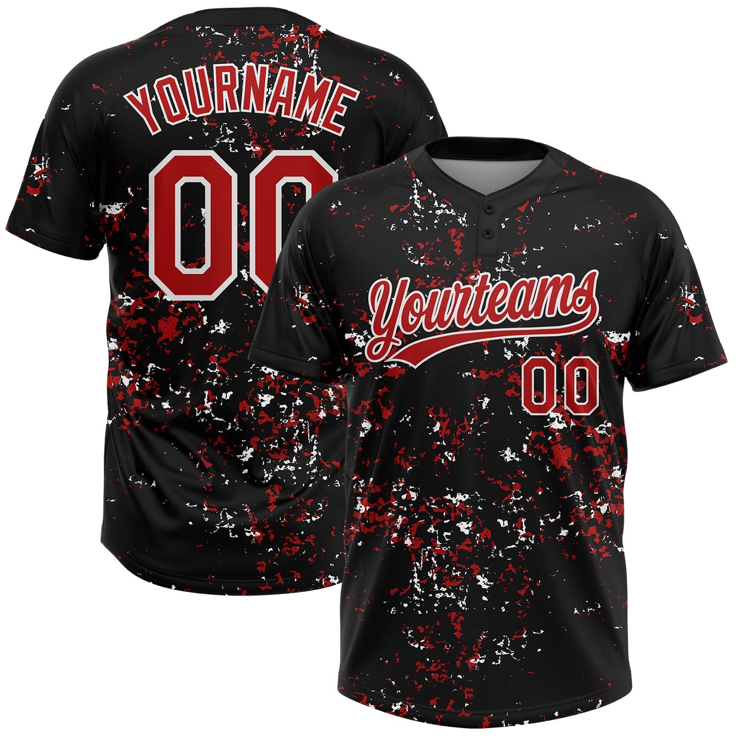 Custom Black Red-White Abstract Shattered Paint Splatter Two-Button Unisex Softball Jersey - Main View