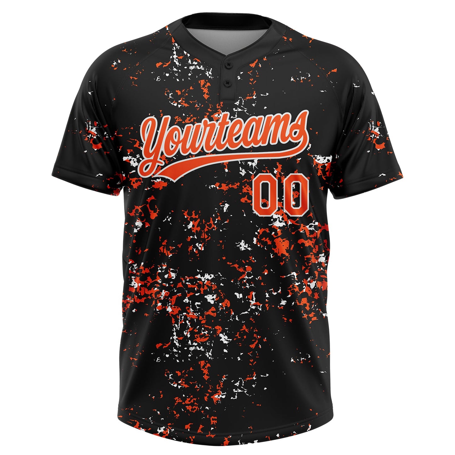 Custom Black Orange-White Abstract Shattered Paint Splatter Two-Button Unisex Softball Jersey view 2