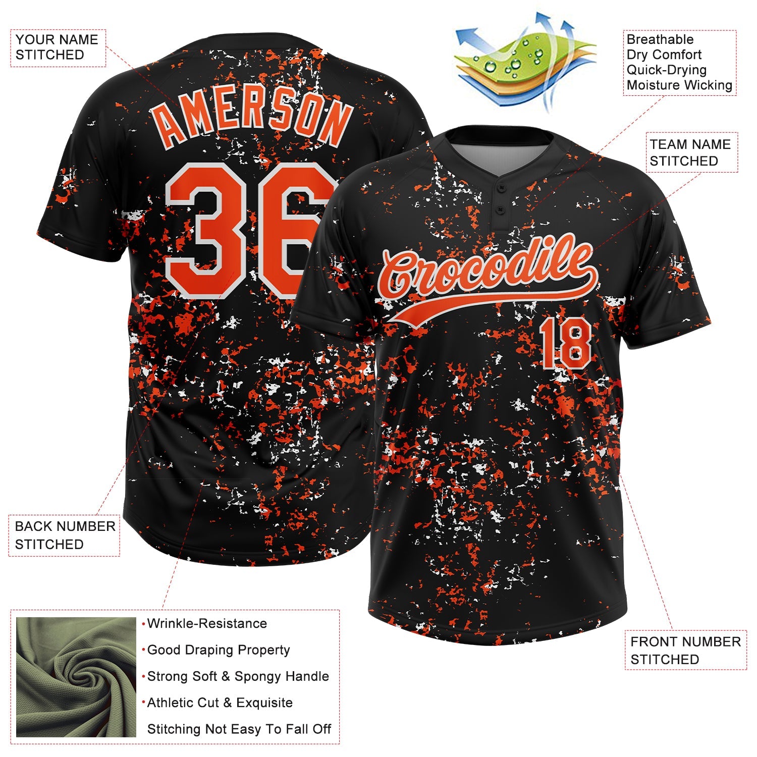Custom Black Orange-White Abstract Shattered Paint Splatter Two-Button Unisex Softball Jersey view 3