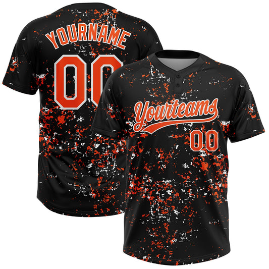 Custom Black Orange-White Abstract Shattered Paint Splatter Two-Button Unisex Softball Jersey - Main View