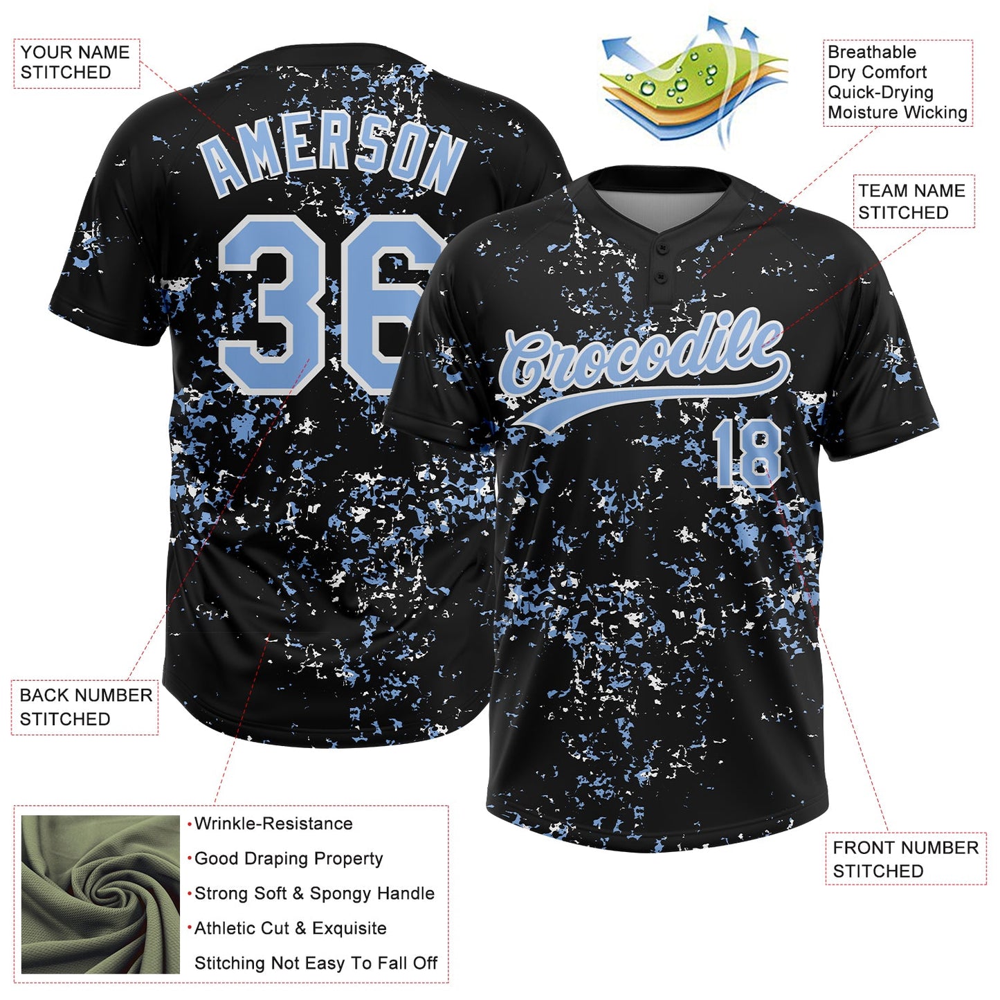 Custom Black Light Blue-White Abstract Shattered Paint Splatter Two-Button Unisex Softball Jersey view 3