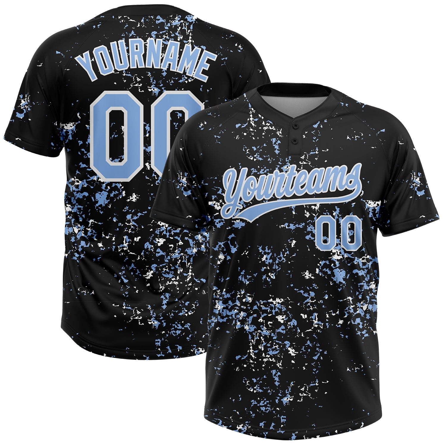Custom Black Light Blue-White Abstract Shattered Paint Splatter Two-Button Unisex Softball Jersey - Main View