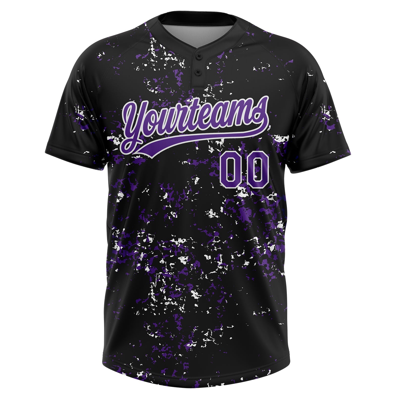 Custom Black Purple-White Abstract Shattered Paint Splatter Two-Button Unisex Softball Jersey view 2