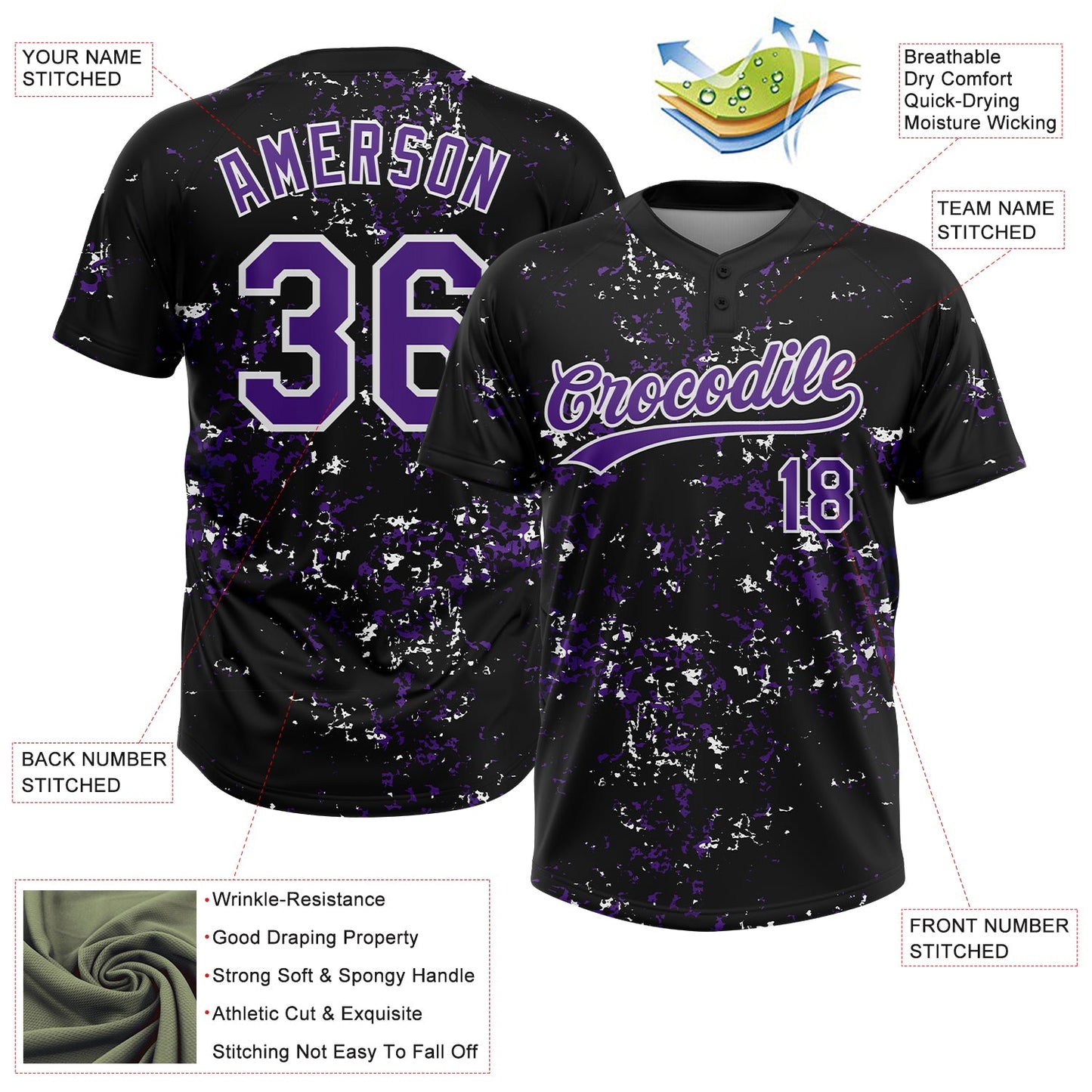 Custom Black Purple-White Abstract Shattered Paint Splatter Two-Button Unisex Softball Jersey view 3