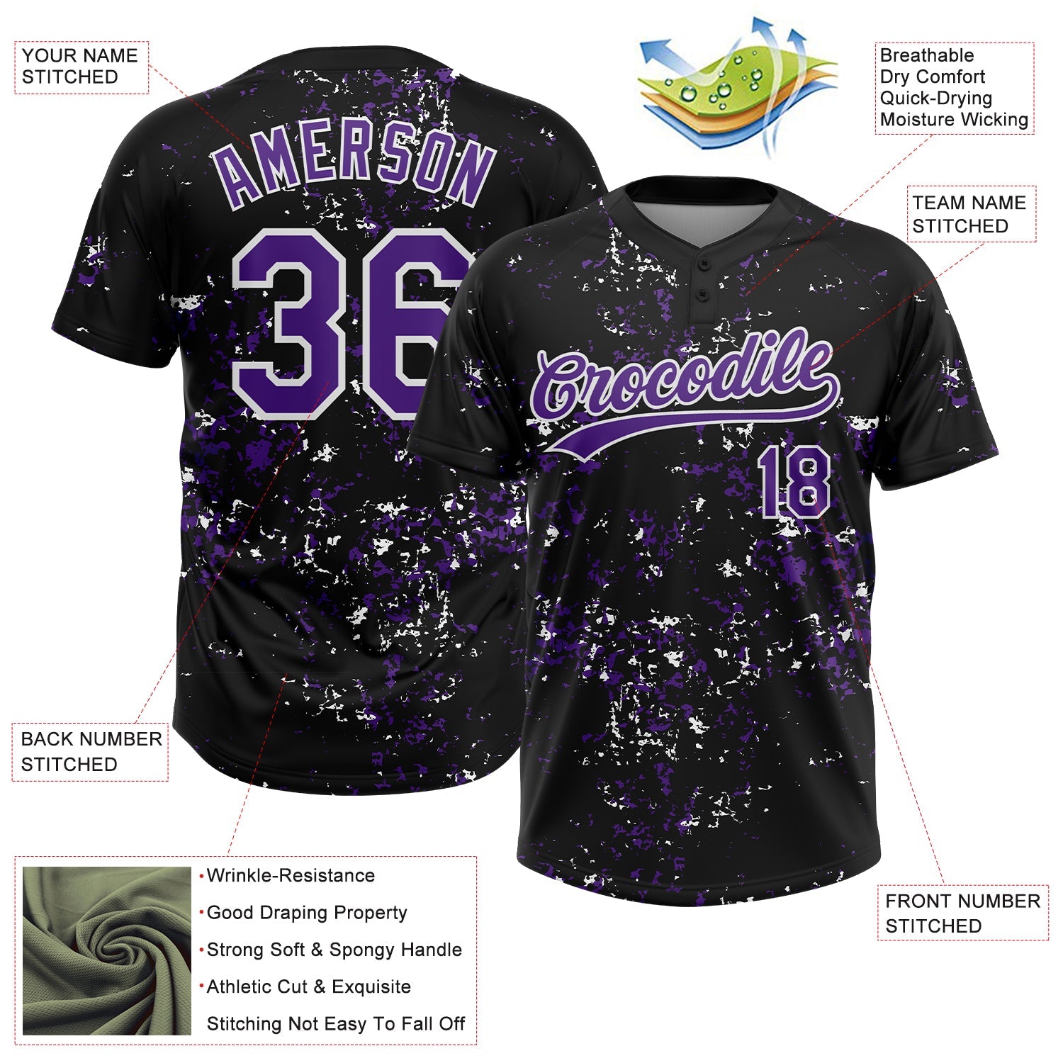 Custom Black Purple-White Abstract Shattered Paint Splatter Two-Button Unisex Softball Jersey view 3