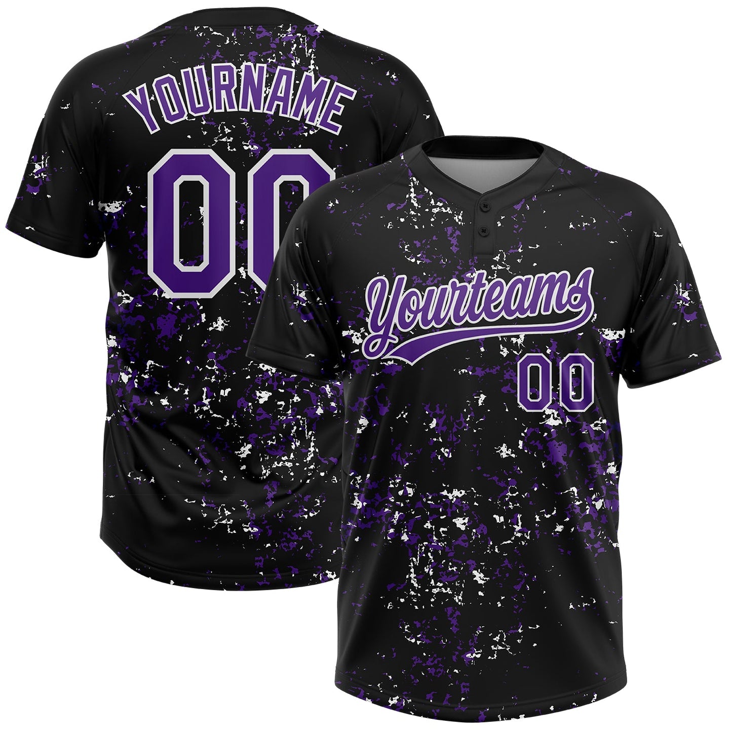 Custom Black Purple-White Abstract Shattered Paint Splatter Two-Button Unisex Softball Jersey - Main View