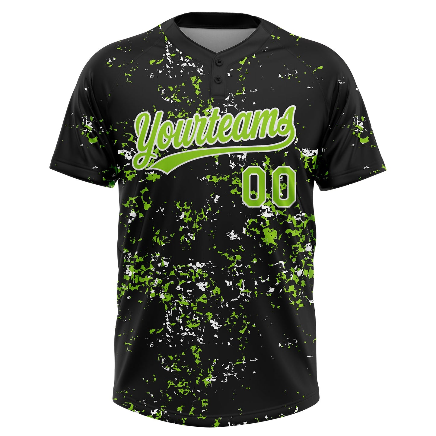 Custom Black Neon Green-White Abstract Shattered Paint Splatter Two-Button Unisex Softball Jersey view 2