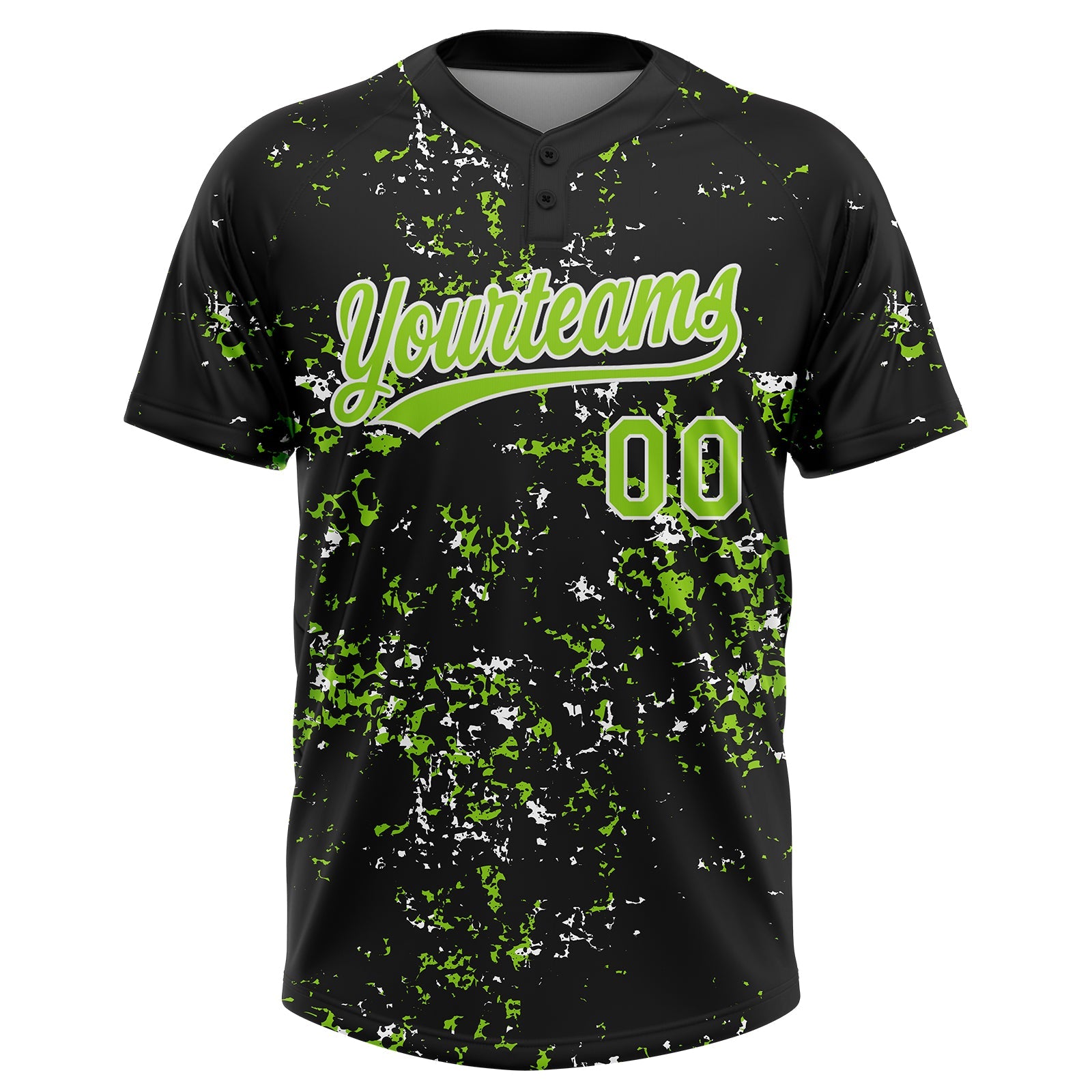 Custom Black Neon Green-White Abstract Shattered Paint Splatter Two-Button Unisex Softball Jersey view 2