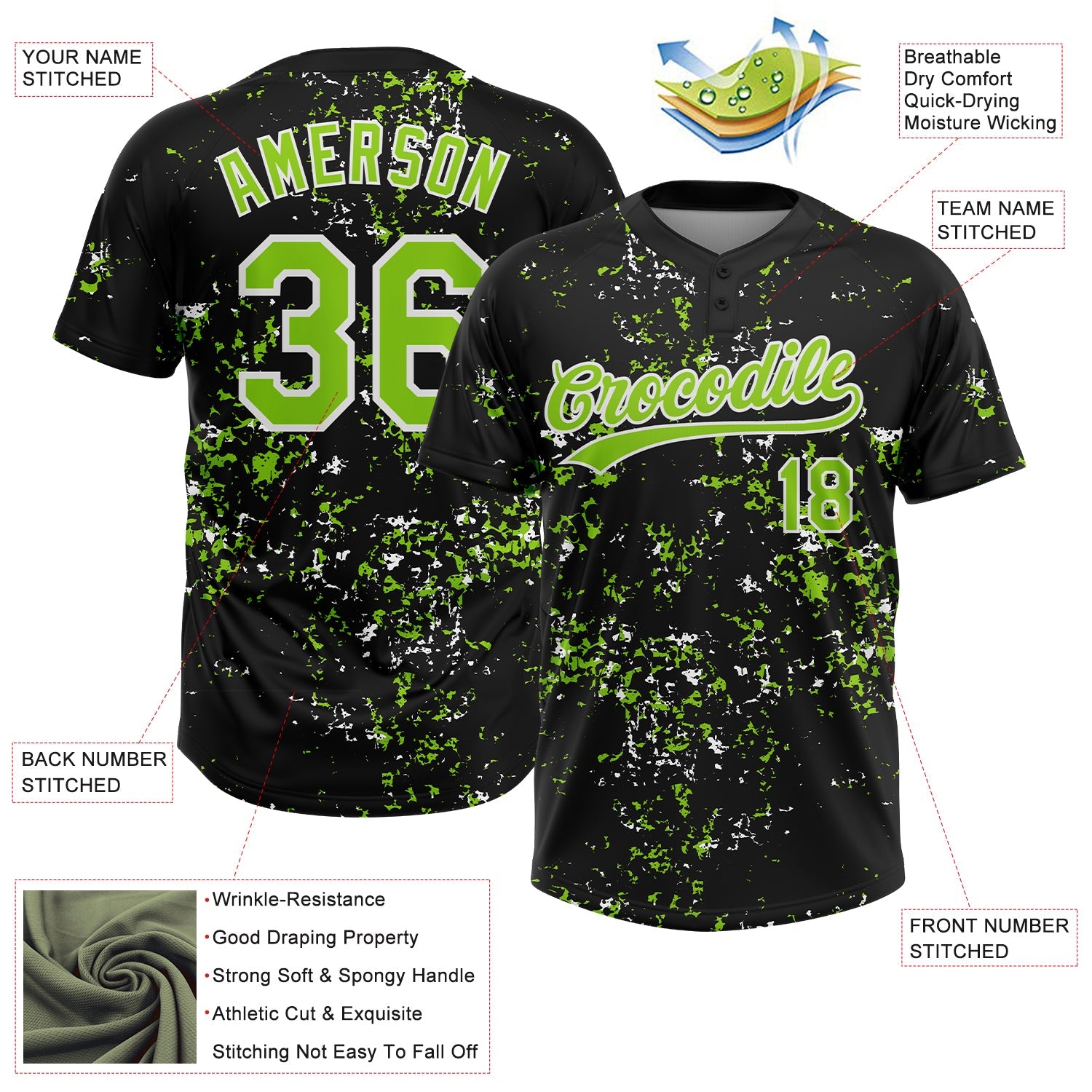 Custom Black Neon Green-White Abstract Shattered Paint Splatter Two-Button Unisex Softball Jersey view 3