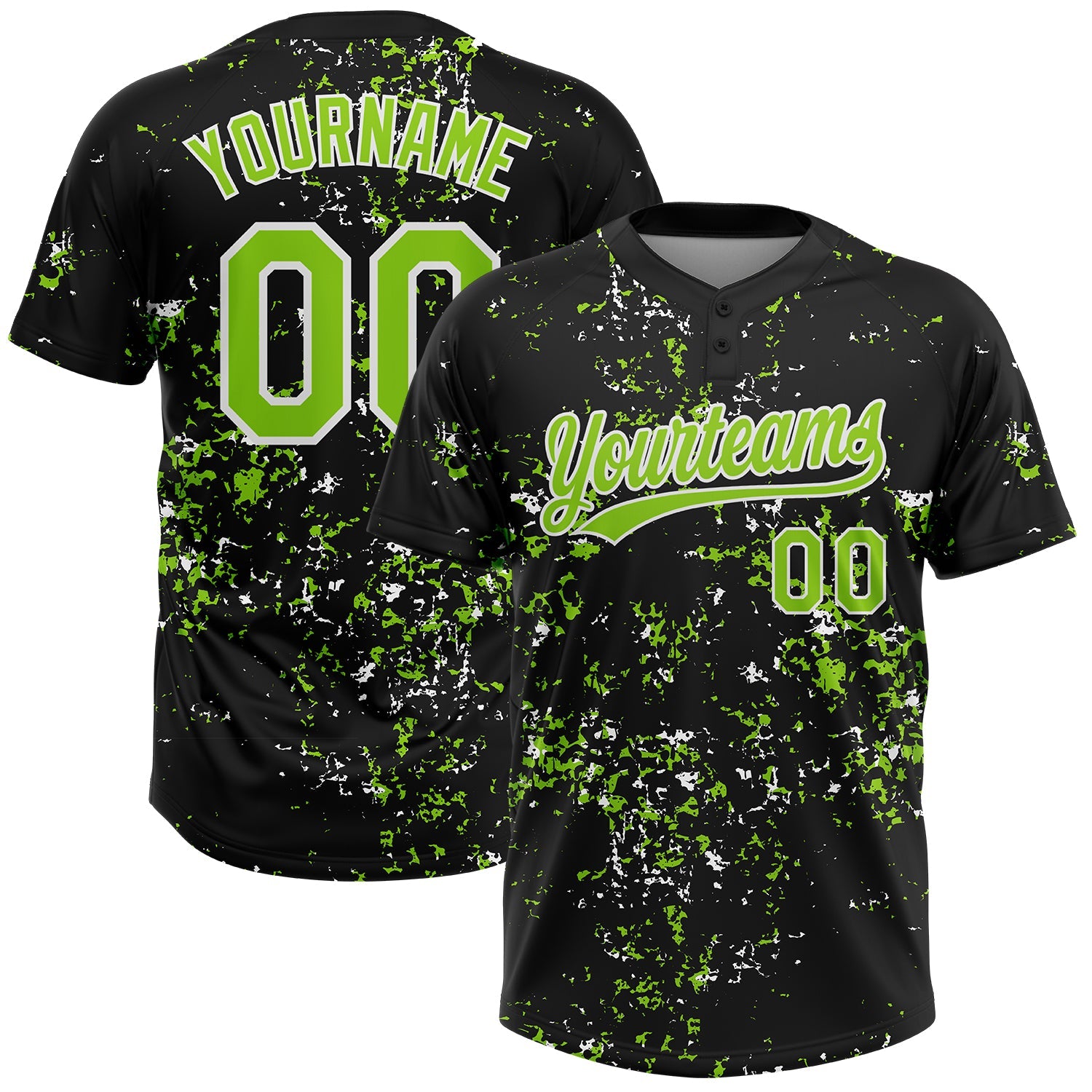 Custom Black Neon Green-White Abstract Shattered Paint Splatter Two-Button Unisex Softball Jersey - Main View