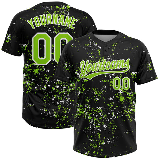 Custom Black Neon Green-White Abstract Shattered Paint Splatter Two-Button Unisex Softball Jersey - Main View