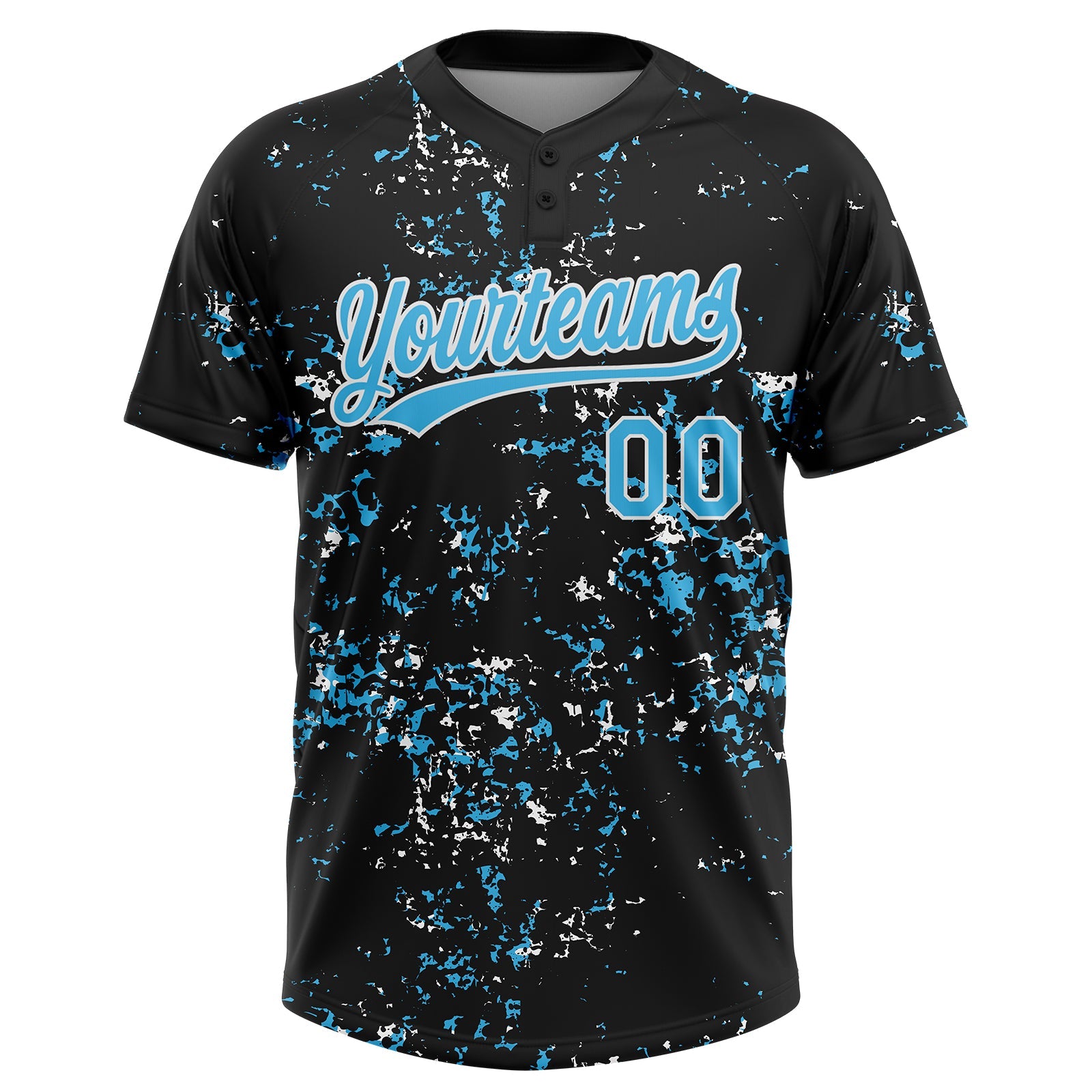 Custom Black Sky Blue-White Abstract Shattered Paint Splatter Two-Button Unisex Softball Jersey view 2