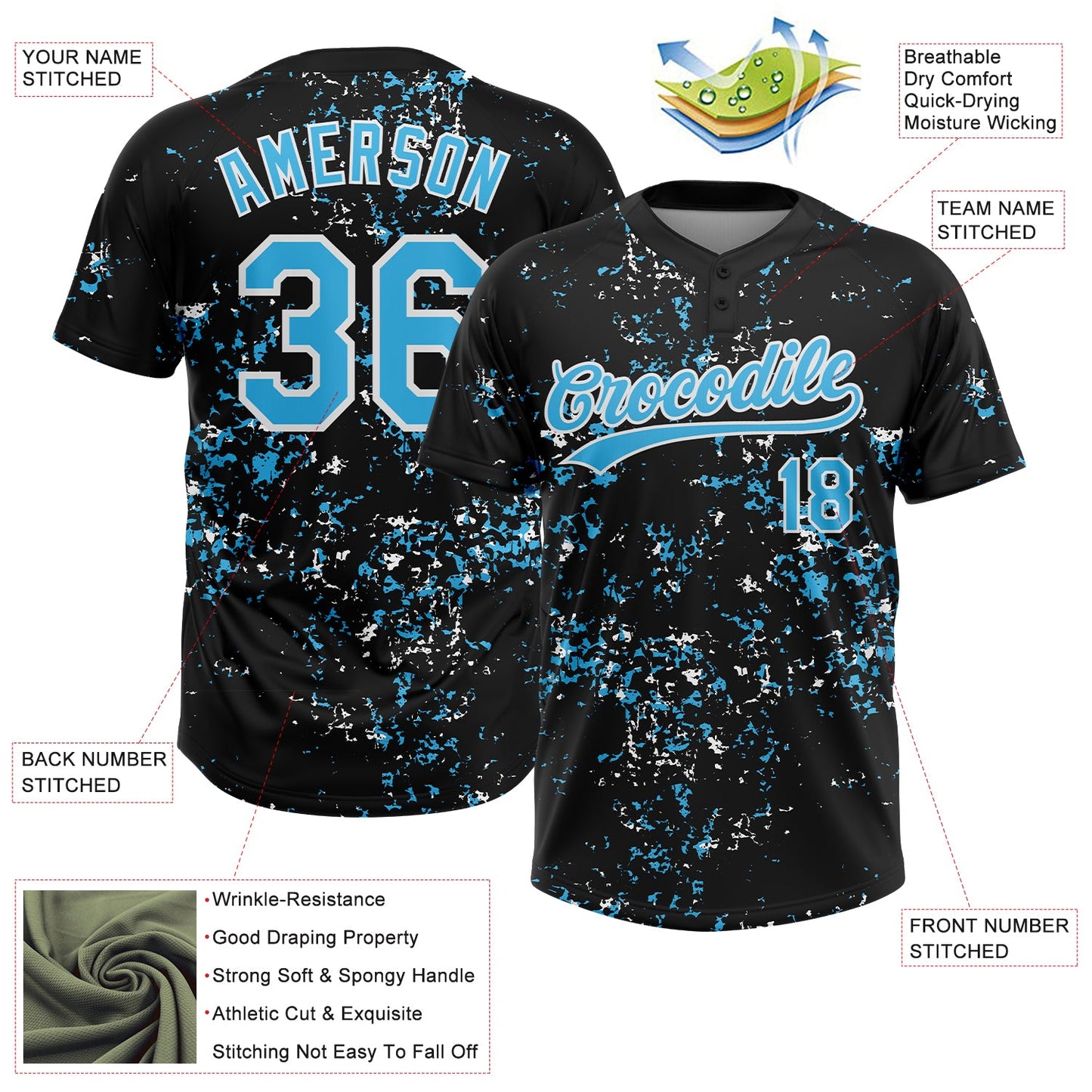 Custom Black Sky Blue-White Abstract Shattered Paint Splatter Two-Button Unisex Softball Jersey view 3