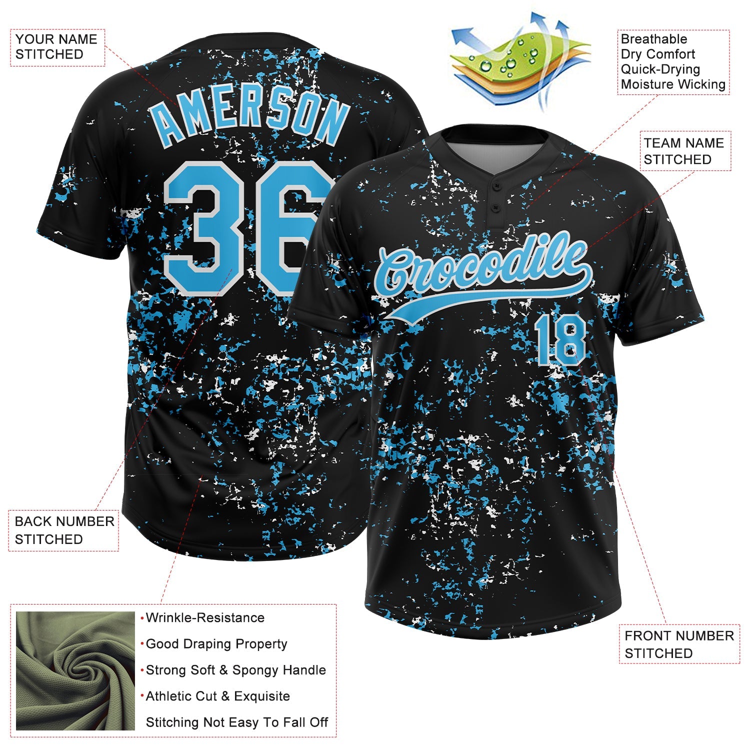 Custom Black Sky Blue-White Abstract Shattered Paint Splatter Two-Button Unisex Softball Jersey view 3