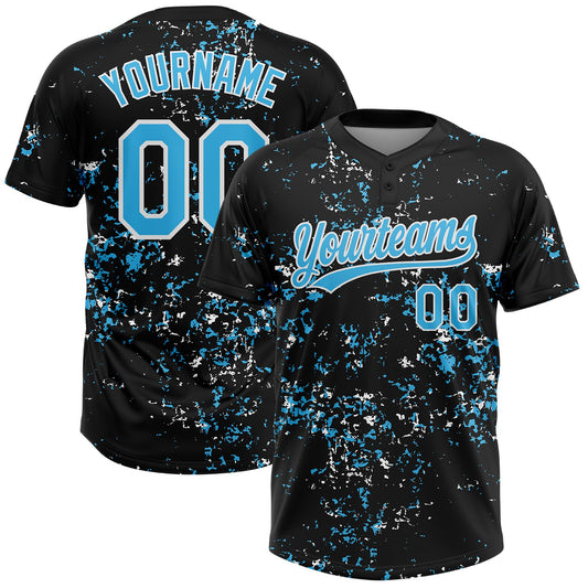 Custom Black Sky Blue-White Abstract Shattered Paint Splatter Two-Button Unisex Softball Jersey - Main View