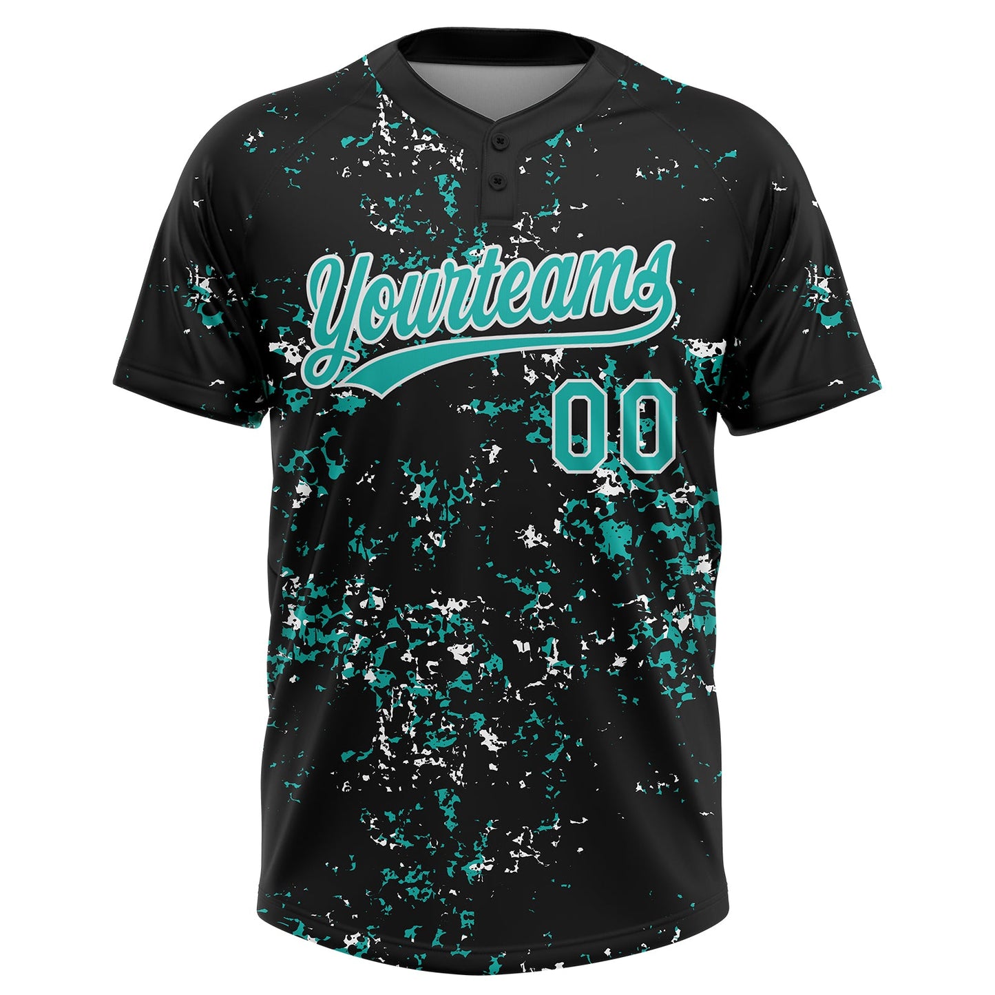 Custom Black Aqua-White Abstract Shattered Paint Splatter Two-Button Unisex Softball Jersey view 2