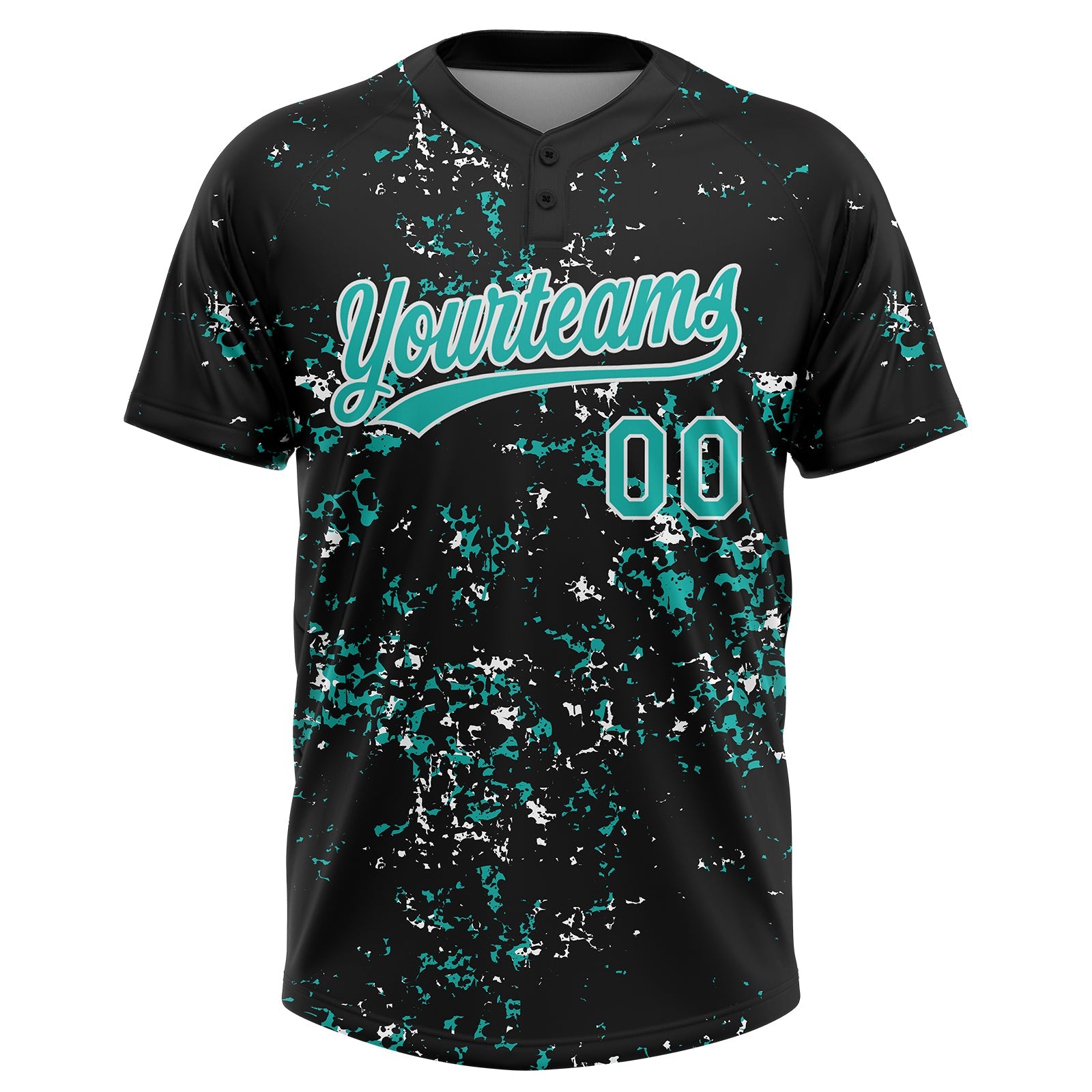 Custom Black Aqua-White Abstract Shattered Paint Splatter Two-Button Unisex Softball Jersey view 2