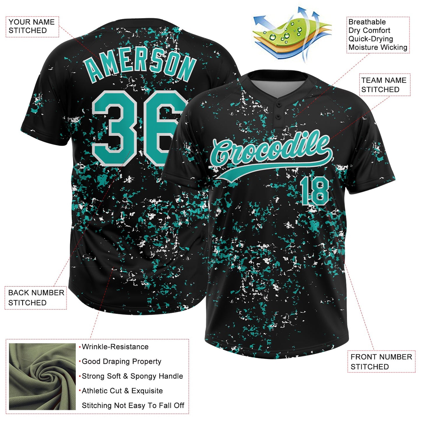 Custom Black Aqua-White Abstract Shattered Paint Splatter Two-Button Unisex Softball Jersey view 3