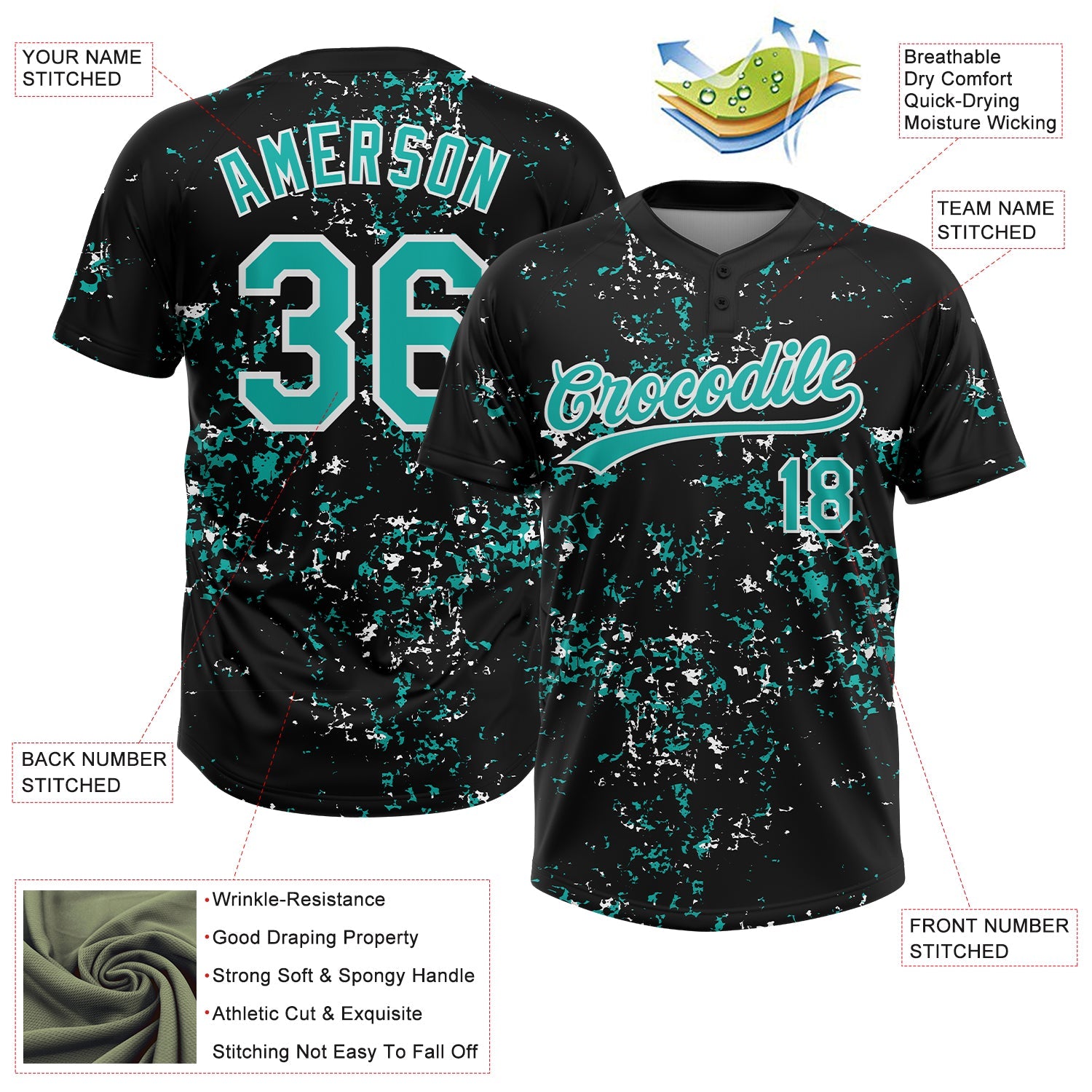 Custom Black Aqua-White Abstract Shattered Paint Splatter Two-Button Unisex Softball Jersey view 3